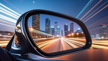 Fototapeta premium a rear view mirror reflecting a cityscape in the rear view mirror of a car on a city street at night time with lights. generative ai
