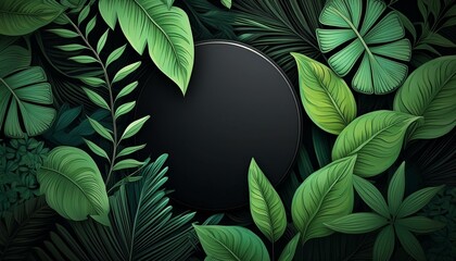 Obraz premium a black background with green plants and leaves on it, with a black circle in the middle. generative ai