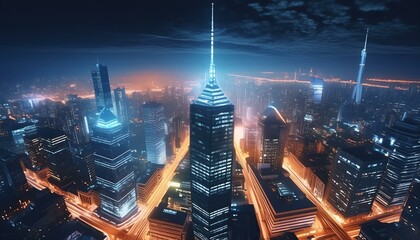 a view of a city at night from the top of a skyscraper in the middle of the city with lights on.