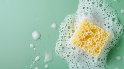 Sponge on soapy foam with green background Cleaning concept professional household supplies Top view with space