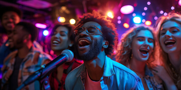 A group of six friends enjoying karaoke together in a lively bar, singing and having fun