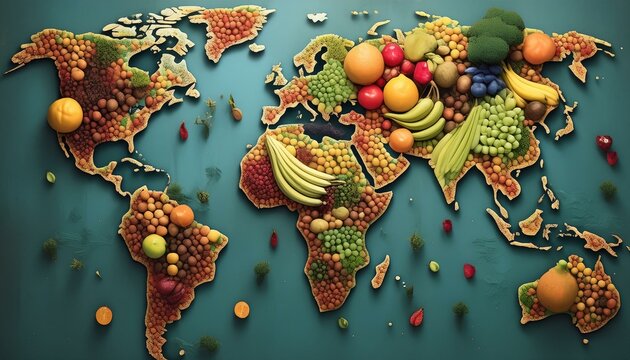 a map of the world made up of a variety of fruits and vegetables, including apples, oranges, grapes, bananas, and other fruits. generative ai - Powered by Adobe