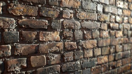 Vintage brick wall backdrop with light weathering, cracks and missing mortar. Distressed design element