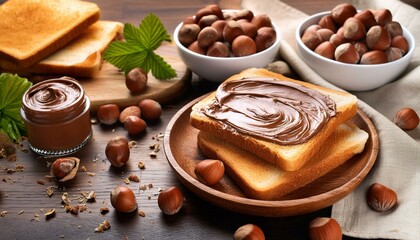 Hazelnut chocolate spread toast on wooden for breakfast.Generative Ai.