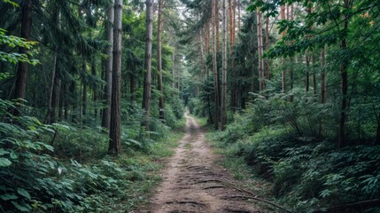 Obraz premium Pathway through a dense green forest with tall trees