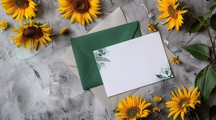 
Emerald green wedding invitation. Set of green envelope and blank paper card on concrete table with mini sunflowers. Country style