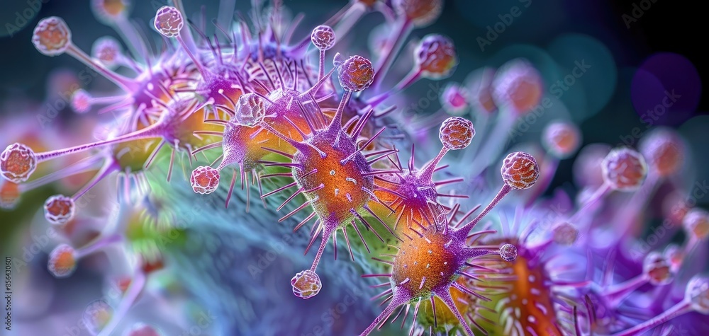 Poster close-up view of colorful microscopic virus with spikes and intricate patterns