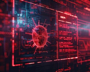 Closeup of a computer screen displaying a virus detection alert, with a prominent red warning sign and lines of code in the background