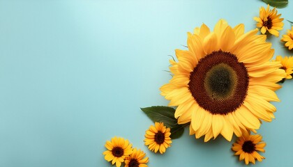 Obraz premium Summertime or autumn concept. Sunflowers with copy space on pastel blue background. Top view flat lay.
