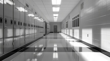 Fototapeta premium Empty School Hallway with Lockers, Generative AI