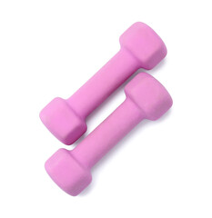Violet dumbbells isolated on white, top view. Sports equipment