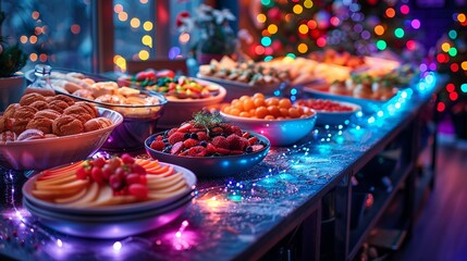A beautifully set holiday buffet table with rainbow-colored dishes, festive foods, and multicolored fairy lights, ready for guests to enjoy. Illustration, Minimalism,