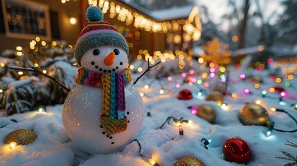 A cheerful snowman adorned with a rainbow scarf and hat, standing in a snow-covered yard decorated with multicolored holiday lights. Illustration, Minimalism,