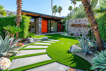 Artificial grass, synthetic grass, perfect grass landscaping with artificial grass, modern home front yard with artificial grass lawn