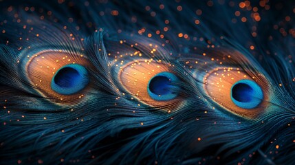 Close-up image of intricate patterns and vibrant colors of peacock feathers in exquisite detail.	