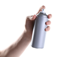 Man with can of spray paint on white background, closeup