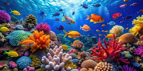 Vibrant coral reef with colorful fish and intricate coral formations, coral reef