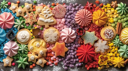 A colorful holiday baking scene with a rainbow of cookie cutters, sprinkles, and icing, as family members decorate festive cookies together. Illustration, Minimalism,