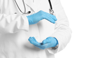 Doctor holding something on white background, closeup