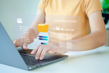 Document management concept. Electronic documents, Document management system and process automation. Search and managing files online document database.	
