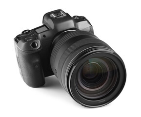 Modern camera isolated on white. Photographer's equipment