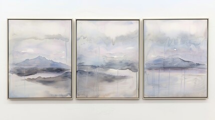 Abstract watercolor landscapes in pastel shades, framed set of three