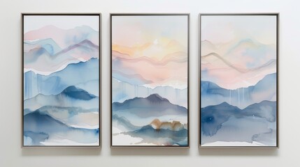 Abstract watercolor landscapes in pastel shades, framed set of three