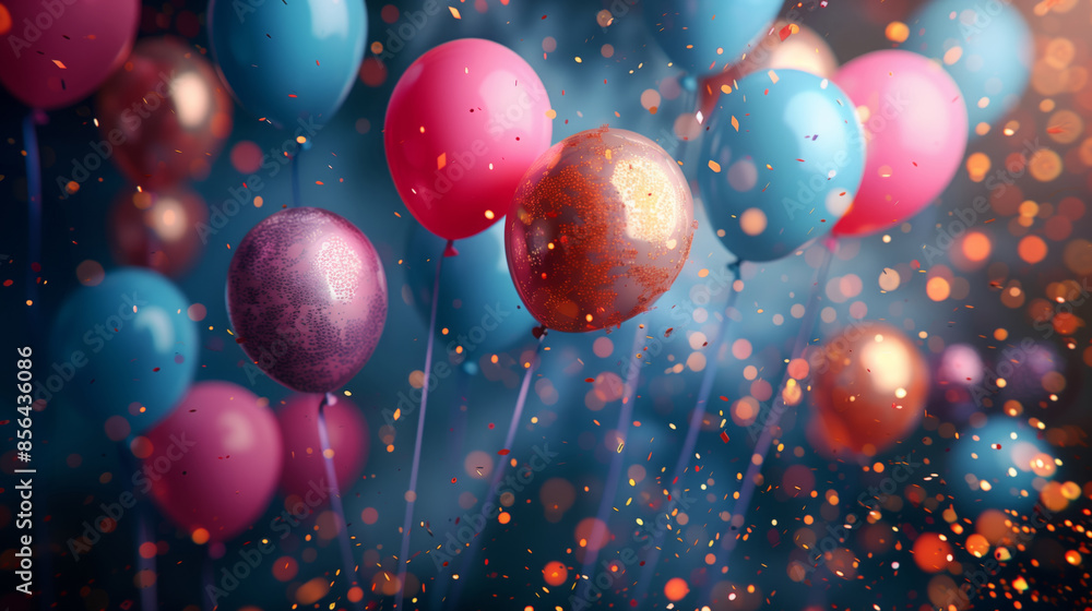 Poster a festive background with multicolored balloons and confetti floating in the air.