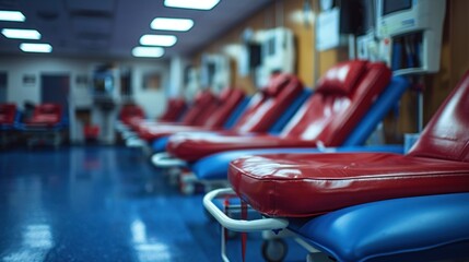 A hospital room with several beds, one of which is red and blue. The room is empty, but the beds are ready for patients