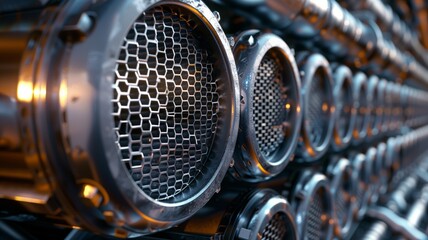 A close-up of an industrial metal heat exchanger