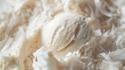 Artisan coconut ice cream, a closeup image of artisan coconut ice cream, its creamy texture and white color highlighted against a stark background