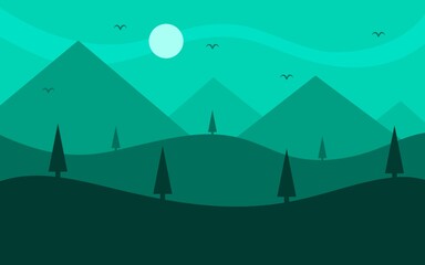 Landscape background is a mountain illustration with the silhouette of a pine tree