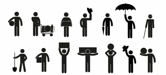 a set of pictographs of a human figure with different objects, a pictogram, a flat vector illustration