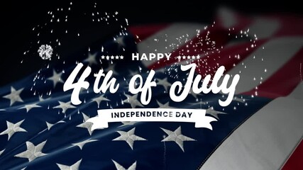 Happy 4th of July greeting animation 2024, lettering text with waving USA flag background and fireworks splash, Happy Independence Day united states of america concept, for banner, feed, stories - Powered by Adobe