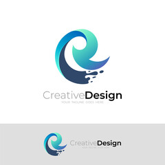 Wave logo and letter R logo combination, blue color