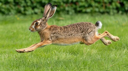 Brown Hare Lepus europaeus running in grass field with text space in frame