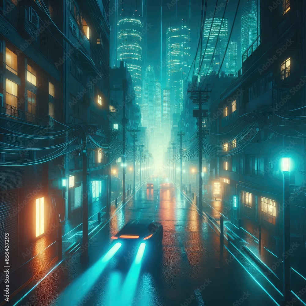 Wall mural night city cyber punk landscape concept with futuristic light glowing on a dark scene - Wall murals