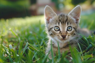 cute kitten on the grass.  space for text, advertising