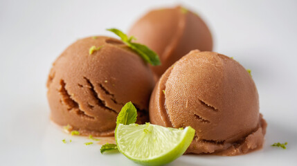 Exotic tamarind and lime sorbet, a closeup of exotic tamarind and lime sorbet, its brown and green hues and tangy flavor standing out against a white background