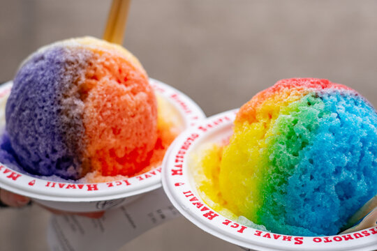 Matsumoto Shave Ice, Haleiwa Town, Oahu's North Shore, Honolulu, Hawaii. Shave ice or Hawaiian shave ice is an ice-based dessert made by shaving a block of ice and flavoring it with syrup  

