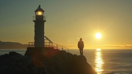 Fototapeta premium The lighthouse keeper checks on the solar panels each day ensuring they are clean and efficient in harnessing the suns energy.