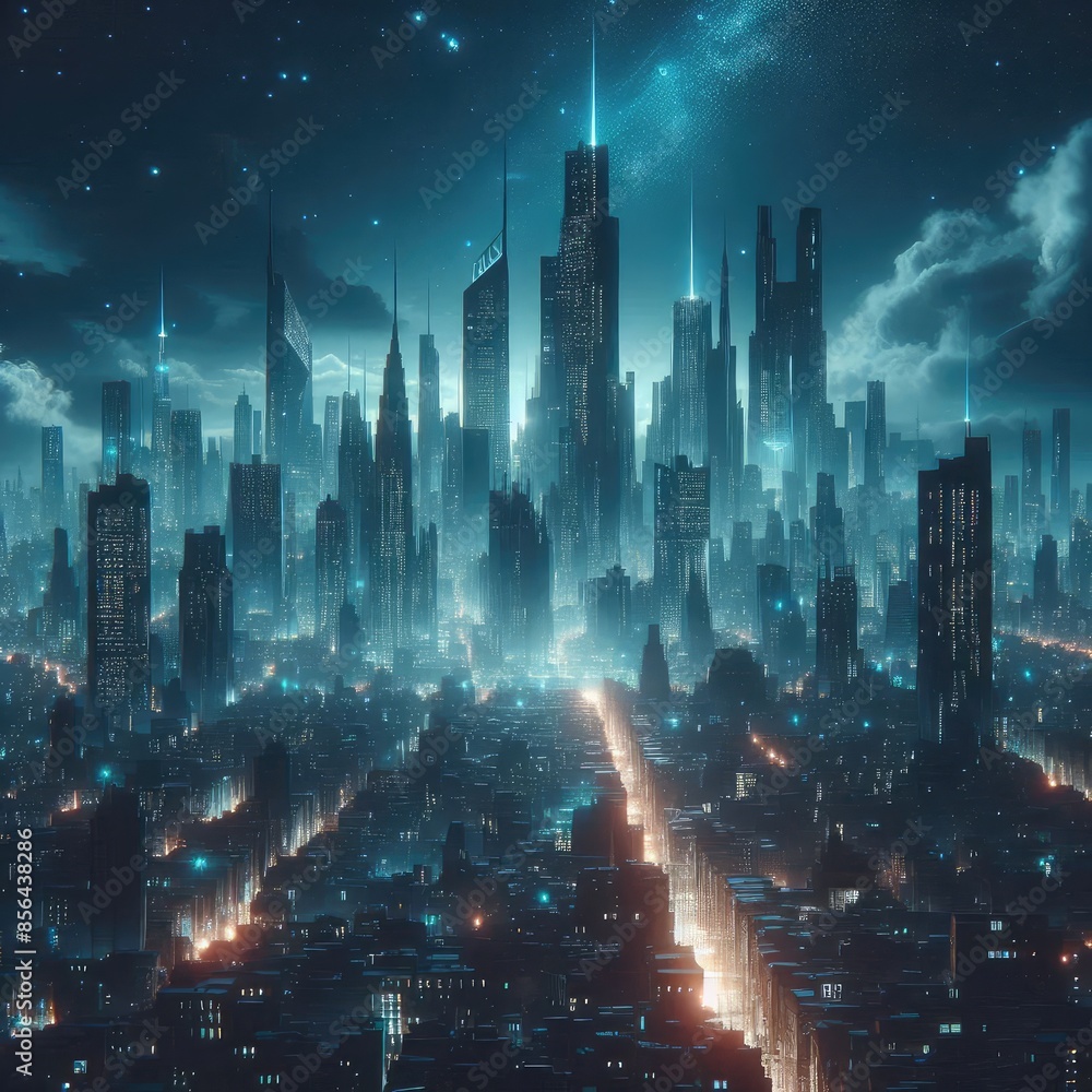 Wall mural Night city Cyber punk landscape concept with futuristic Light glowing on a dark scene - Wall murals