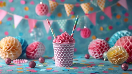 A holiday party scene with a table covered in festive paper decorations, including confetti, banners, and paper straws, adding a playful touch to the celebration. Illustration, Minimalism,