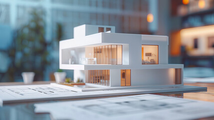 3D Model of a House on Construction Blueprints with Blurred Background