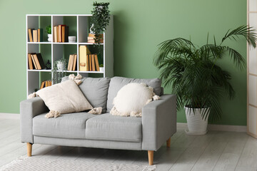 Interior of modern living room with sofa and bookshelf near green wall