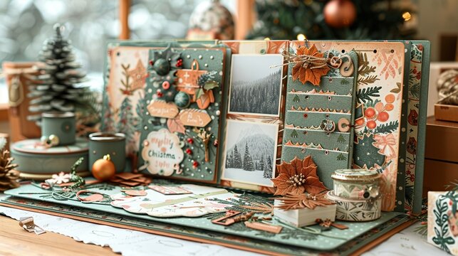 A holiday-themed scrapbook page, filled with photos, paper embellishments, and handwritten notes, capturing special memories and moments from the season. Illustration, Minimalism,