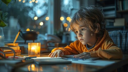 A child sitting at a desk, struggling with homework, and visibly frustrated, illustrating the impact of mental health on academic performance and concentration. Illustration, Minimalism,
