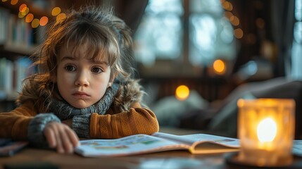 A child sitting at a desk, struggling with homework, and visibly frustrated, illustrating the impact of mental health on academic performance and concentration. Illustration, Minimalism,