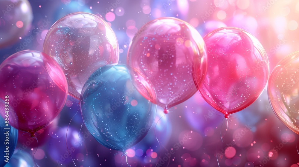Poster a close-up of colorful balloons floating against a background of sparkling lights, creating a festiv