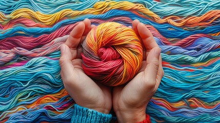 A close-up of hands clutching a tangled ball of yarn, symbolizing the chaotic and overwhelming thoughts that accompany anxiety and stress. Illustration, Minimalism,